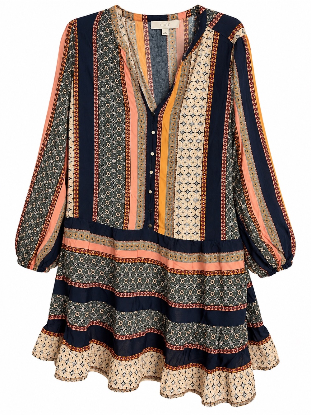 LOFT Navy Multi-Stripe Printed V-Neck Long-Sleeve Dress with Coral and Mustard
